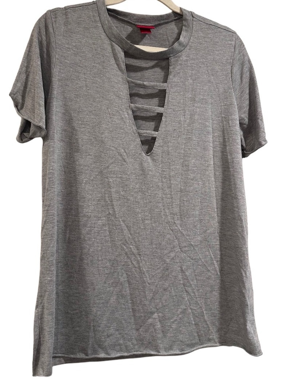Day trip Retro Gray Cutout Choker Neck T-Shirt - Sexy Deep V-Neck Strappy Tee XL - Picture 4 of 13